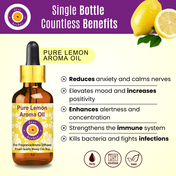 Pure Lemon Aroma Oil benefits card.