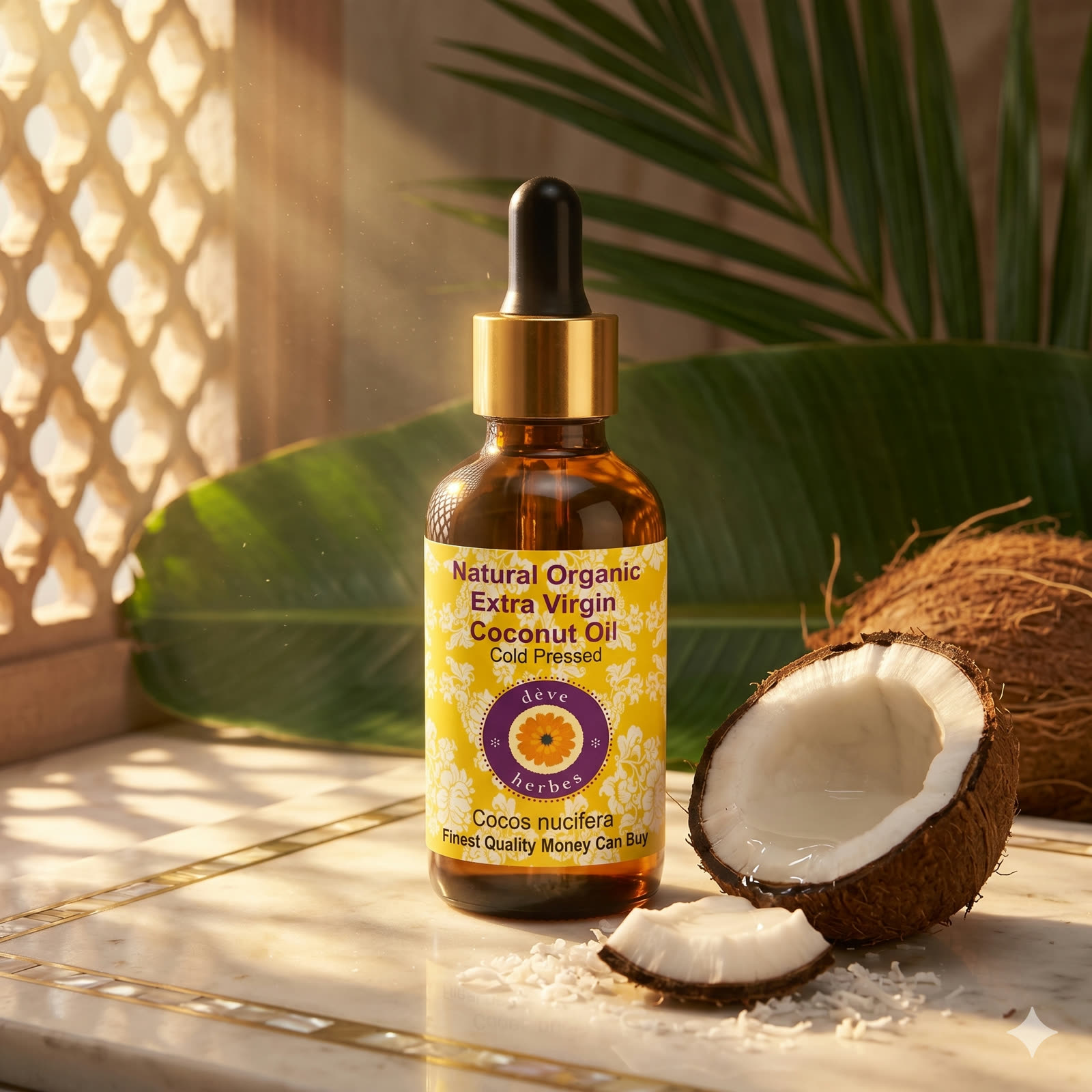 Cold-pressed coconut oil on marble inlay, jali light and palm shadow